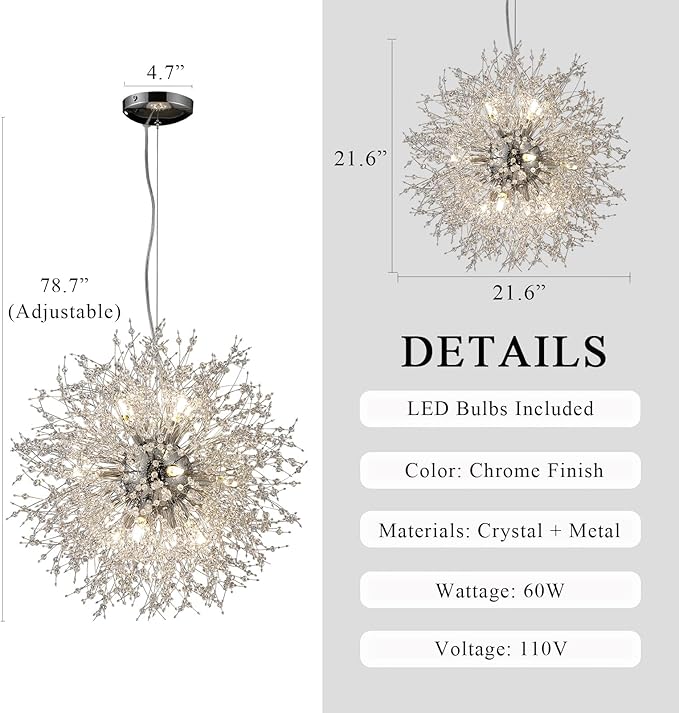Modern Farmhouse Chandelier, Sputnik 12-Light Crystal Hanging Light, Round Firework Dandelion Pendant Lights for Living Room Bedroom Dining Room Kitchen Island Entryway (Chrome, D21.6inch)