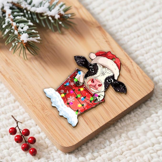 34HD Cow Christmas Ornament 2025 – Wooden Hanging Xmas Tree Ornament Decoration, Cute Christmas Keepsake Gift and Home Decor for Cow Lovers and Farm Fans, Dairy Cow in Bucket