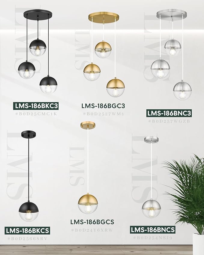 LMS Modern 3-Light Cluster Pendant Lights, Matte Black Kitchen Island Light Fixtures with Clear Globe Glass Shade, Adjustable Hanging Light for Bathroom Bedroom Dining Room Living Room, LMS-186BKC3