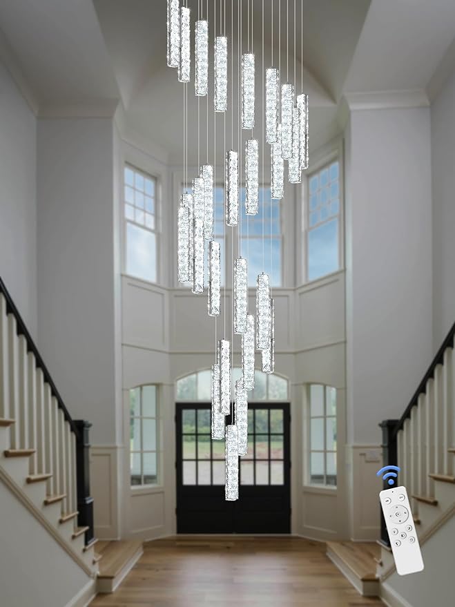 Large Staircase Chandelier 130inch Long Spiral Crystal Chandelier for High Ceiling Foyer Entrance 25-Lights Silver LED Dimmable 3000-6000K