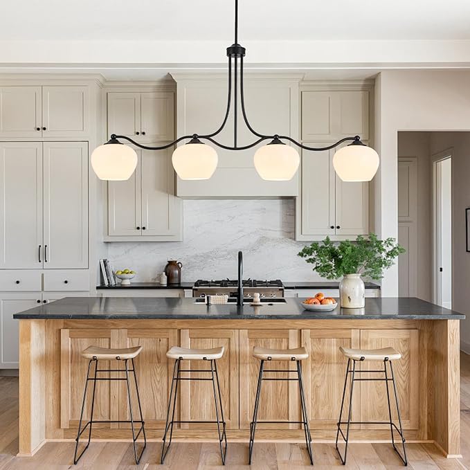 4 Lights 22.4" Kitchen Island Lighting Matte Black Dining Room Light Fixture Adjustable Rods Farmhouse Chandelier Pendant Lighting with Opal Glass Lampshade for Kitchen Over Table Living Room Entry
