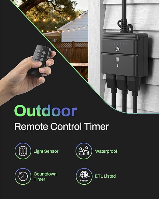 BN-LINK Outdoor Light Timer, Waterproof Plug-in Dusk-to-Dawn Controller with 3 Grounded Outlets for Christmas & Halloween String Lights, 15A 1/2HP, ETL Listed, 100 ft RF Range, Remote Included