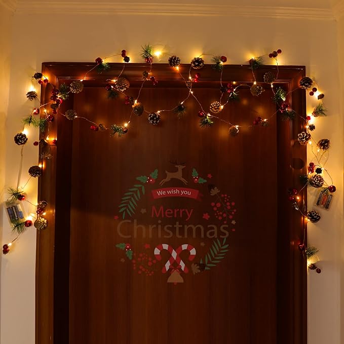 Christmas Decorations Indoor-10FT Enchanting Christmas Garland with 30 LED Lights Battery Operated-Realistic Red Berries & Pine Cones Decor for Tree,Fireplace Mantel,Indoor Holiday Home Decor