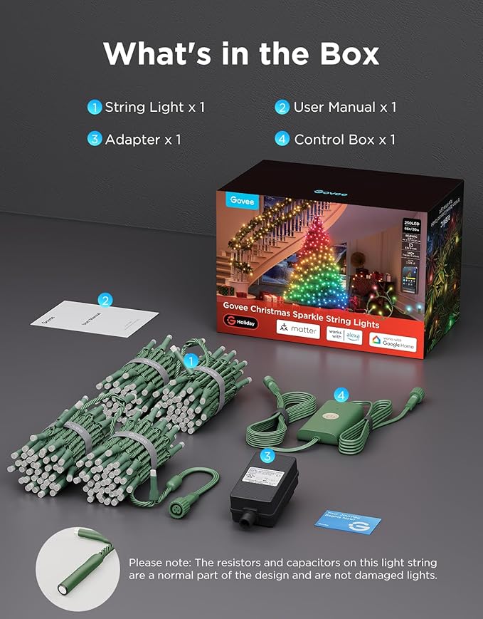 Govee Christmas Sparkle String Lights 66ft, RGBWIC String Lights with 250 Bullet-Head LEDs, App-Controlled, 140+ Scene Modes, 3D Shape Mapping, Music Sync, Works with Alexa, Indoor Holiday Decorations