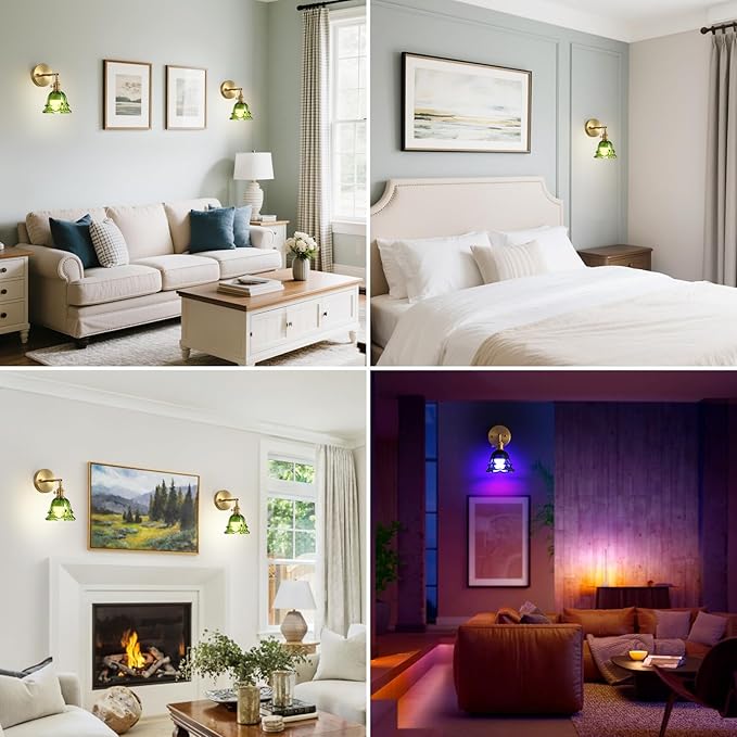 2 Pack Vintage Battery Operated Wall Sconces, Rose Green Lampshade & 180 Degree Adjustable, Wireless Rechargeable RGB Wall Light with Remote Control, for Bedroom Living Room Hallway Aisle