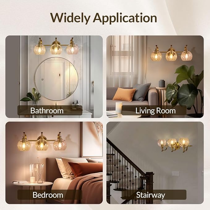 ANDY STAR Bruhsed Gold Bathroom Light Fixtures, Gold 3 Light Bathroom Vanity Lights, 3 Lights Wall Light with Globe Clear Lampshade, Vintage Brass Sconce with Metal Lamp Body for Bedroom, Living Room