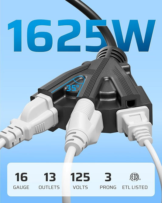 DEWENWILS 15FT Outdoor Extension Cord, Tri-Tap Extension Cord Splitter, 3 Outlet 16/3 SJTW Power Cable for Landscape Lighting Halloween String Lights, 13A/125V/1625W, ETL Listed, Black, 1 Pack