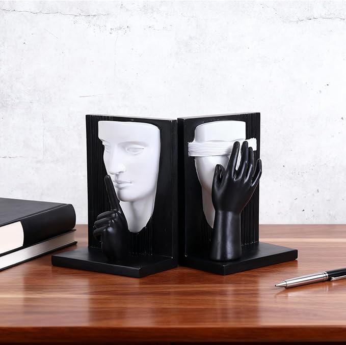 Abstract Face Sculpture Bookends Set of 2 – Modern Black and White Art Book Ends, Unique Decorative Statues for Bookshelf, Home Office & Library Decor (Black White)