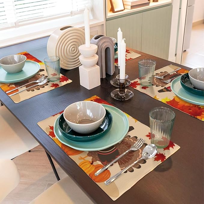 Thanksgiving Day Placemats, Autumn Red Orange Maple Leaves Fall Funny Turkey Pumpkins Table Mats for Harvest Holiday Indoor Outdoor Table Decoration, 4PCS