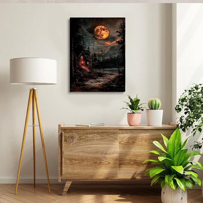 Farmhouse Starry Skies Wall Art,Serene Moonlit Cabin Painting Print,Forest and Stars Art,Towering Pines Poster,Forest Landscapes Painting,Rustic Wooden Hut Decor12x16inch Unframed