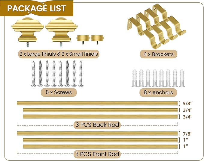 KAMANINA 1 Inch Double Curtain Rods 72 to 144 Inches (6-12 Feet) Telescoping Gold Curtain Rod for Windows 69 to 140 Inches, Long Drapery Rods with Square Finials