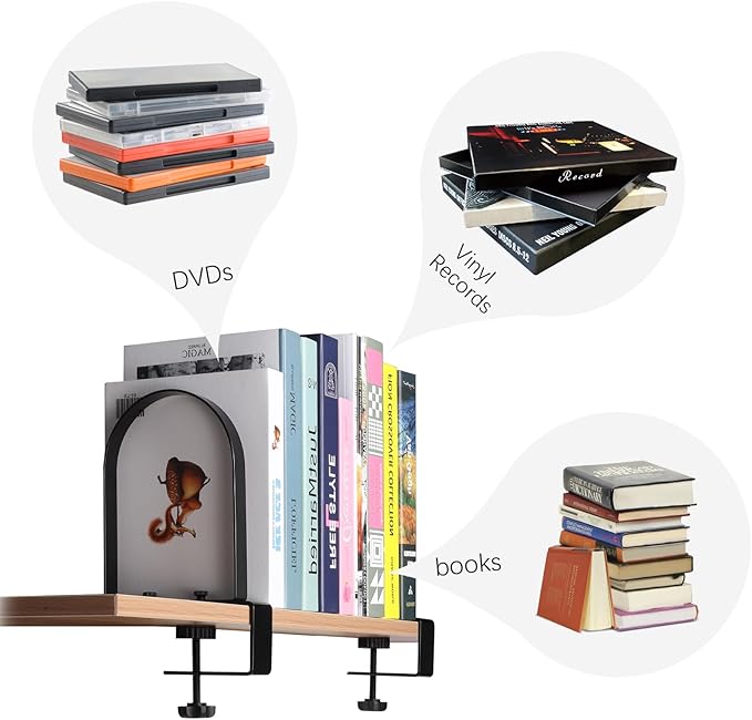 WOMACO Book Ends for Heavy Books, Heavy Duty Bookend for Shelves, Super Steady Clamp-On Non-Skid Metal Book Shelves Holders Stoppers for CDs, Vinyl Records (Black, 4 Pairs)