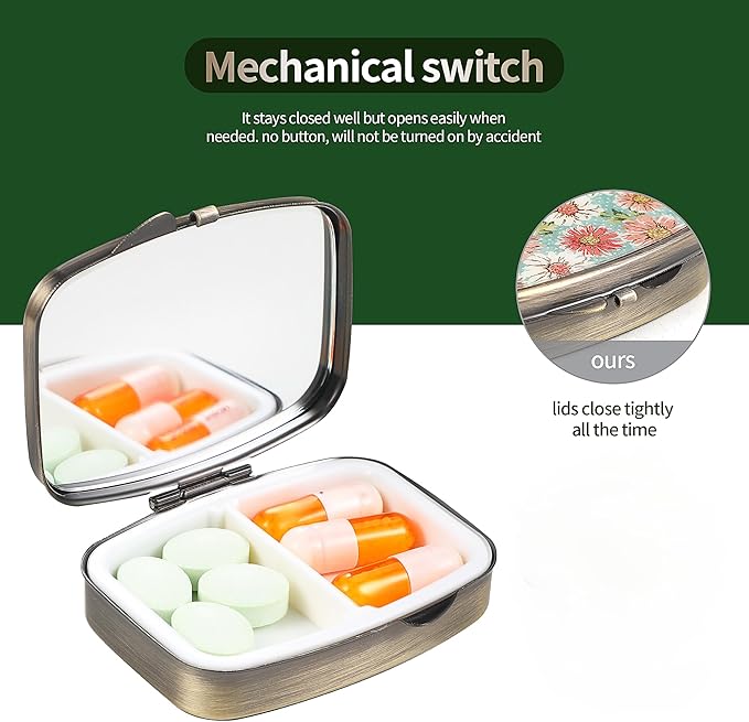 Dynippy Pill Case Pill Box with Mirror Retro Pocket 2 Compartment Medicine Case Vitamin Pill Organizer for Pocket Purse and Travel (A-Colourful Marble Pattern)