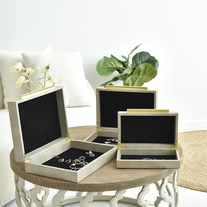 Faux Shagreen Decorative Storage Boxes – Set of 3 Stackable Jewelry Organizers with Gold Metal Handles & Velvet Lining, Modern Ivory White Box for Vanity, Entryway & Coffee Table Décor