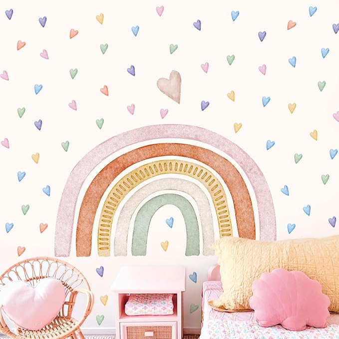 Large Rainbow Wall Decals, Peel and Stick Watercolor Pink Rainbow Wall Stickers, Multicolor Colorful Hearts Wall Decor for Girls Bedroom Nursery Classroom Playroom Living Room
