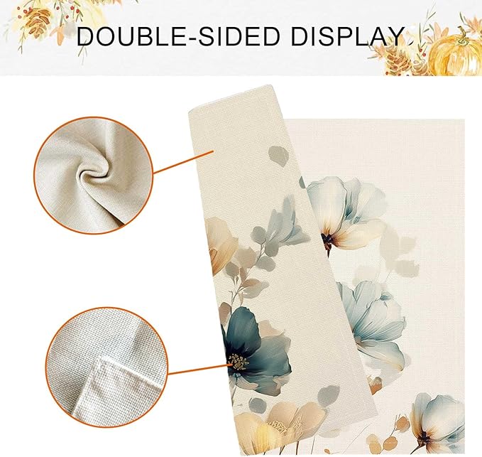 Double Side Set of 4 Watercolor Floral Fall Placemats Seasonal Autumn Harvest Table Mats for Indoor Outdoor Home Party Dining Decor Farmhouse Burlap Table Mats 12x18 Inch #WP022