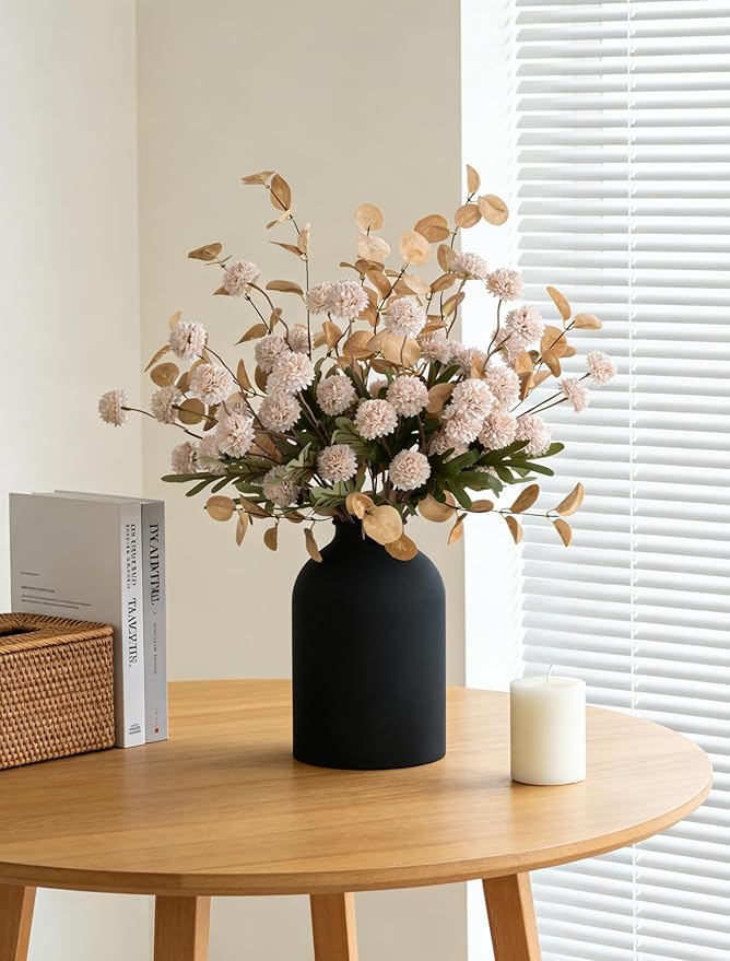 BLOSMON Dining Table Centerpiece Decor: Metal Vase with 12 Stems of Fake Mums Kiku Flower Eucalyptuses for Home - Beige Artificial Pom Poms Faux Floral Arrangements in Vase for Living Room