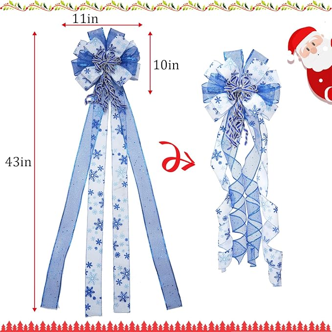Christmas Tree Topper Bow, 43" Christmas Wreath Bows Blue and White Ribbon Ornaments with Tassels Snowflakes and Glitter, Home Decor for Holiday Xmas Decoration Home Parties Wedding Gift
