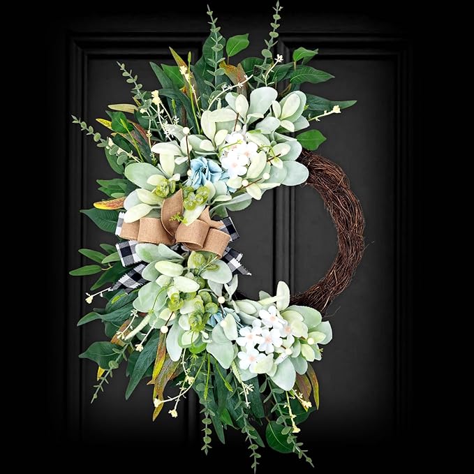 Front Door Wreaths for All Seasons Outdoor Indoor, 20'' Green Artificial Half Moon Wreath with Lambs Ear Eucalyptus Bow, Spring Summer Farmhous Porch Decor