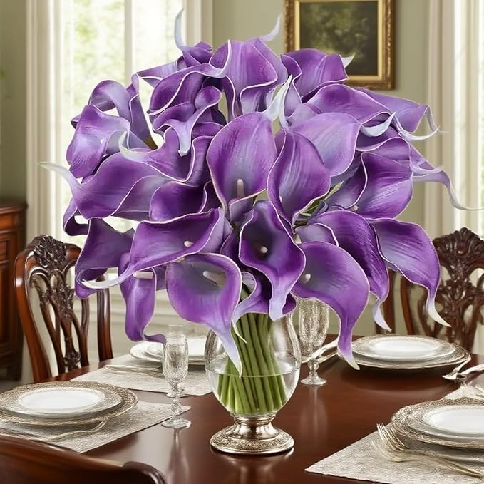 Realistic Calla Lily Artificial Flowers - 13.5" Latex Real Touch Faux Lilies for Wedding Bouquets, UV Resistant Outdoor Decor & Home Centerpieces (6, Purple)