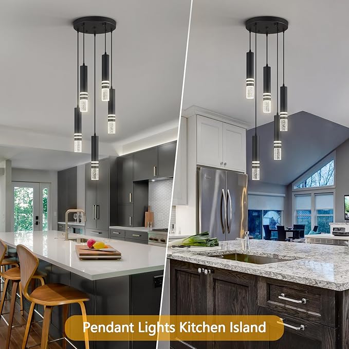 Pendant Lights Kitchen Island, Crystal Pendant Light Fixtures Mini 30W LED Modern Kitchen Pendant Lighting Over Sink and Living Room and Bedroom (Black 5 Light)