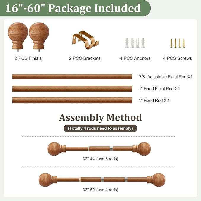 Boho Wood Curtain Rods for Windows 28 to 48 inch 1" Diameter Adjustable Heavy Duty Window Curtain Rod with Decorative Wooden Grain Finials Drapery Rods for Living Room Bedroom Kitchen Cafe Farmhouse