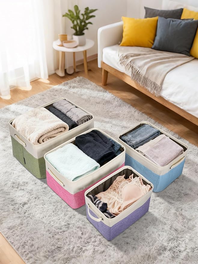 BALEINE 3 Pack Fabric Storage Bins for Shelves, Linen Storage Baskets for Organizing, Decorative Closet Bins for Clothes, Home (Skyblue, 17''x13''x10.5'')