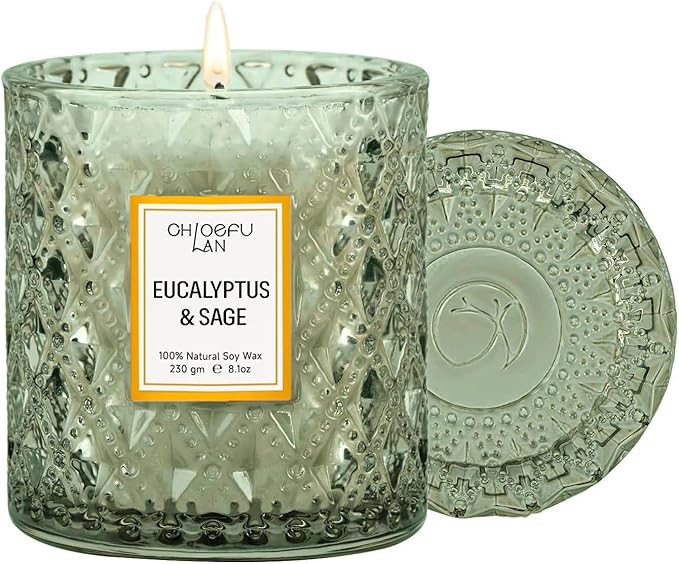 Chloefu LAN Eucalyptus & Sage Scented Candle Large Luxury Soy Jar Candles with up to 55 Hour Long Lasting, Highly Scented, 8.1oz