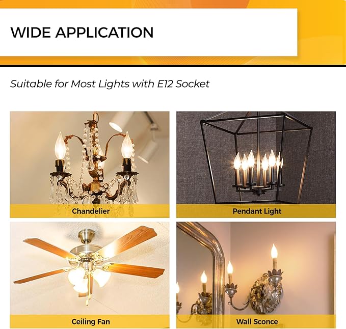 Hizashi 90+ CRI LED Candelabra Bulbs 60 watt Equivalent 2700K Warm White, Dimmable Chandelier Light Bulbs, 6W 550LM, CA11 Flame Tip E12 LED Candle Bulb, UL Listed - 24 Pack