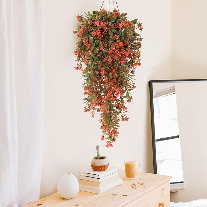 RECUTMS 2Pcs Fake Fall Plastic Outdoor Flowers Artificial Fall Hanging Plants Faux Greenery Vine Plant for Indoor Room Front Door Garden Porch Patio Wedding Party Decorations (Autumn Red)
