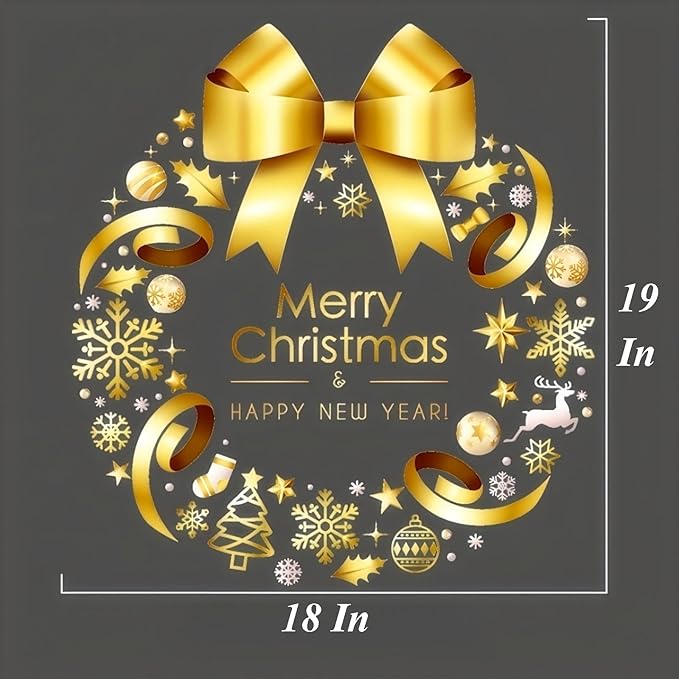 2Pcs XL Winter Golden Wreath Clings for News Years Whole Large Xmas Wreath Window Stickers Large DIY Static Wall Window Door Mural Showcase Decal Sticker-15.7x17 Inche