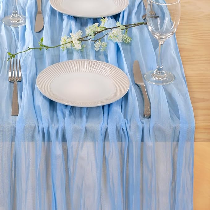 MLMC 3 Pack Light Blue Cheesecloth Table Runner Baby Blue Table Runner 10ft Sheer Rustic Cheese Cloth Baby Shower Decorations 35x120 Inches for Birthday Gender Reveal Baby Shower Wedding Decor
