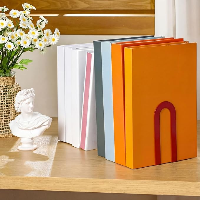 Chunful 6 Pcs Modern Metal Book Ends for Shelves Decorative Small Bookends Book Shelf Organizer Minimalist Design Stopper to Hold Books for Home Office (Red,5.5 * 3.75 * 2.25inch)