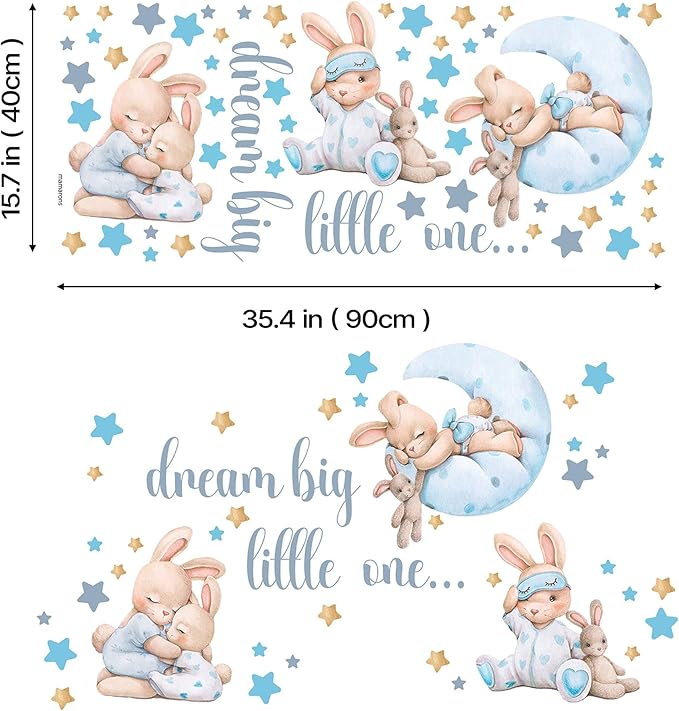 Blue Bunny Wall Decals, Baby Boy Room Rabbit Wall Decor, Animal Stickers for Kids Playroom, Toddler Bedroom and Nursery Decoration, Removable Vinyl Decals, Peel and Stick, Moon, Stars.