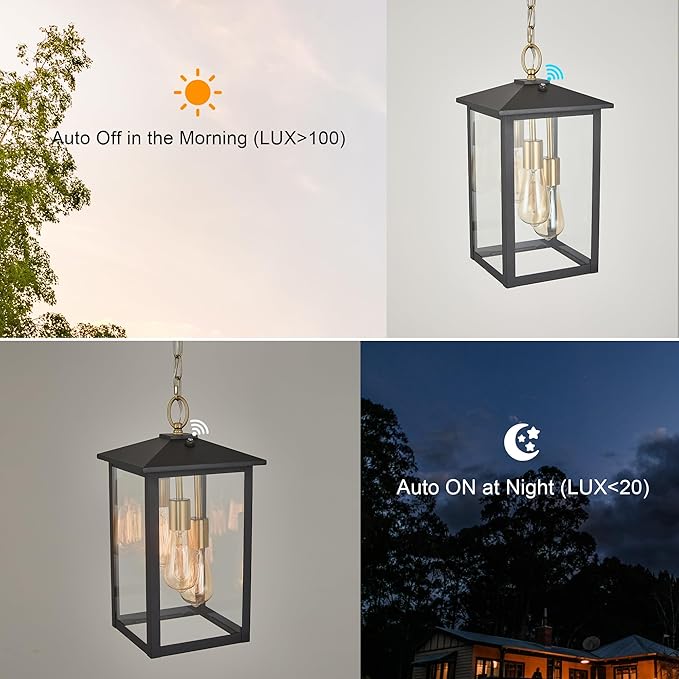 17IN Large Dusk to Dawn Outdoor Pendant Light 3-Light, Modern Black Metal Outside Chandelier Exterior Hanging Fixture Ceiling Mount with Clear Glass for Front Porch Entrance Entryway