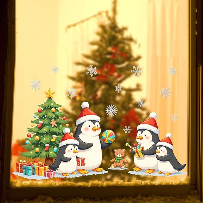 Penguin Christmas Wall Decals | Peel and Stick Holiday Decorations with Santa Hats, Gifts & Tree – Removable Snowflake Vinyl Stickers for Winter Wall, Window, Living Room, Office & Seasonal Displays