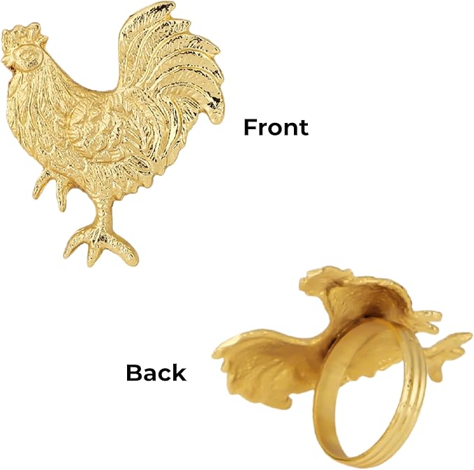 ALPHA Living HOME Set of 12 Rooster Napkin Rings for Farmhouse Table Decor | Premium Metal Chicken Dinnerware Holders | Rustic Kitchen & Holiday Party Table Setting (Gold)