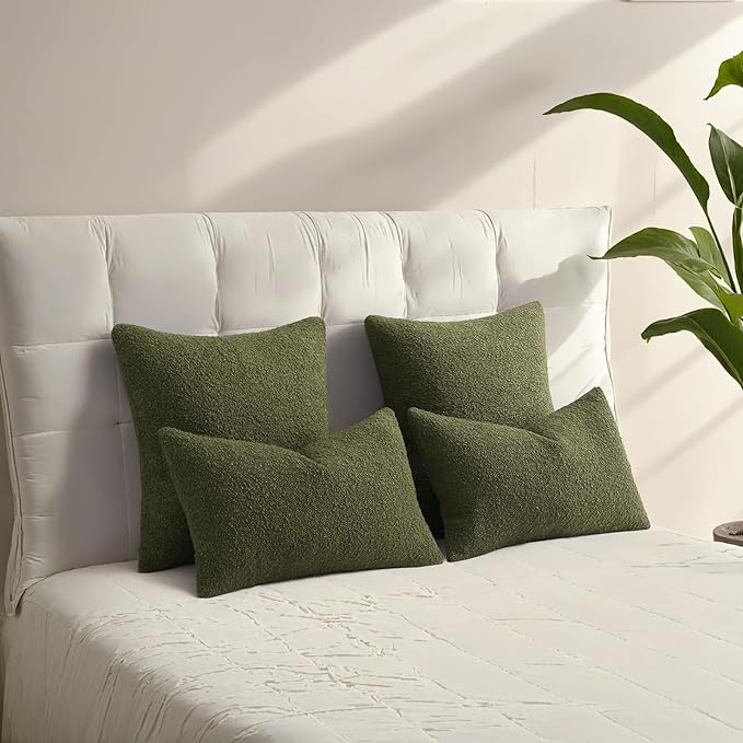 HAUSSY Set of 2 26x26 Decorative Throw Pillow Covers, Soft Cozy Euro Pillow Shams Textured Boucle, Home Decor for Couch Bed Living Room, Moss Green
