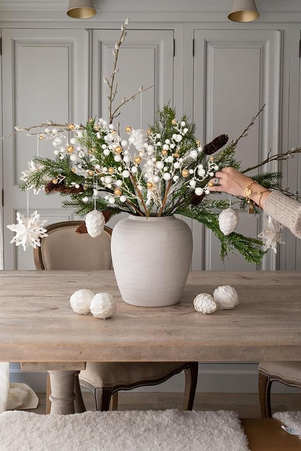Hollyone 4 Pack Artificial Christmas Glitter Berries Stems, 19 Inch Fake White and Gold Holly Berry Picks with Ice Snow for Christmas Tree Wreath Floral Arrangements Holiday Home Vase DIY Crafts Decor