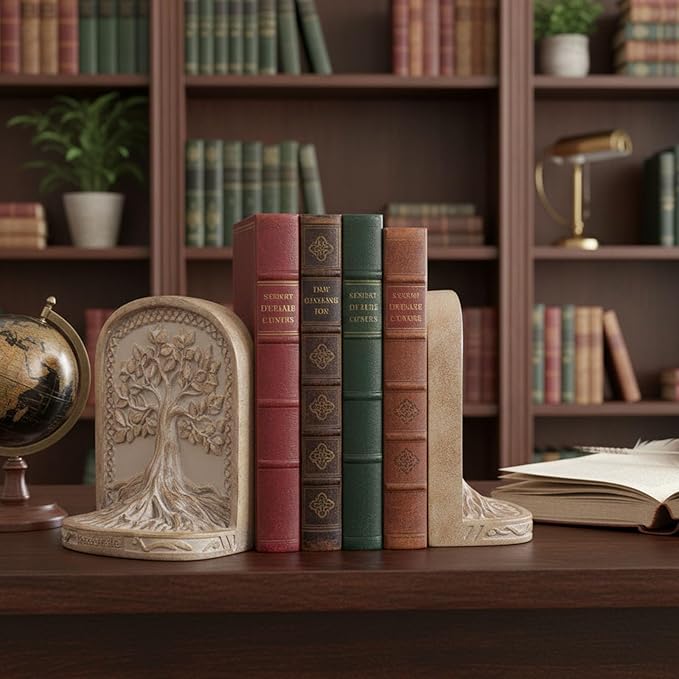 Tree of Life Bookends,Heavy Duty L-Shaped Resin Book Ends,2 Non-Skid Heavy Bookends for Shelves/Desktop/Bookshelf Decor,Celtic Mythology Sculpture,Vintage Accessories,Housewarming Gift (Faux Wooden)