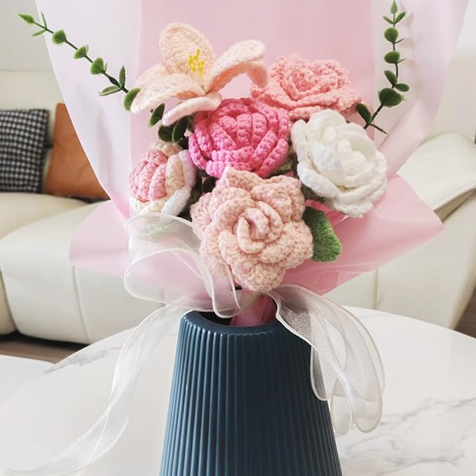 Handmade Crochet Sunflowers Rose Daisy as a Gift for Lover, Family,Friends. Crochet Bouquet, Crocheted Yarn Flowers, Artificial Flower Finished Bouquet (Pink)