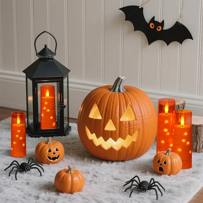 Raycare Flameless Candle with Remote Timer – 5 Flickering Acrylic Battery Operated LED Pillar Candles with Embedded Star String for Halloween, Home Decor, and as a Gift(Orange)