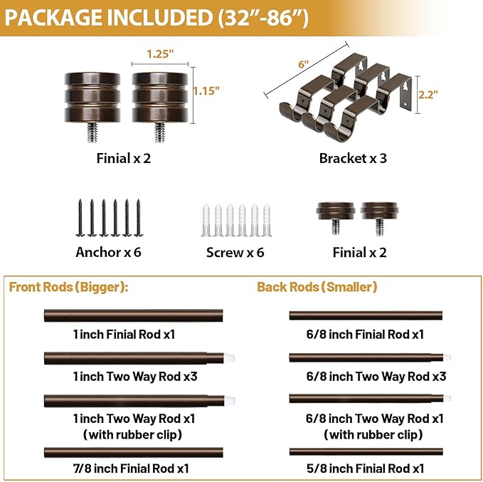 TONIAL1 Inch Double Curtain Rods for Windows 48 to 84 Inches, Heavy Duty Decorative Drapery Rod 32 to 86 Inches with Classic Cap Finial, Bronze