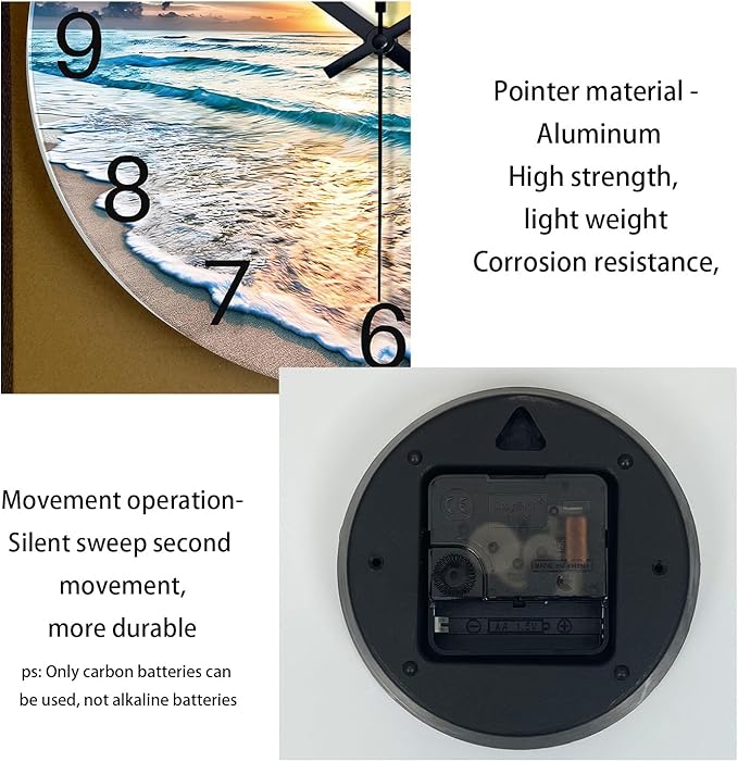 Coastal Glass Battery Wall Clock 24 Inch Blue Extra Large Clocks for Living Room Decor Round Quite Wall Clock Non Ticking