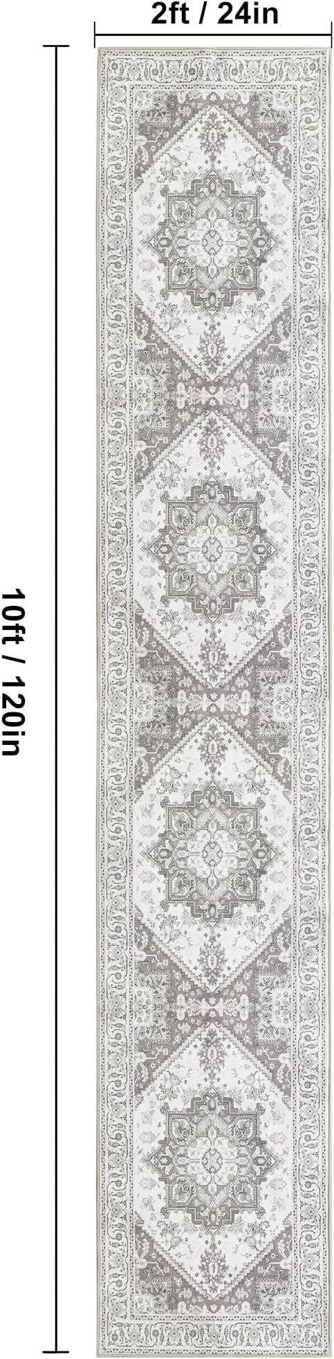 XWZO Runner Rug 2x10ft for Long Hallways, Washable Non-Slip Low Pile Area Rug with Rubber Backing, Spill Resistant Soft Vintage Floor Carpet for Kitchen Entryway Stair Landing Living Room, Grey