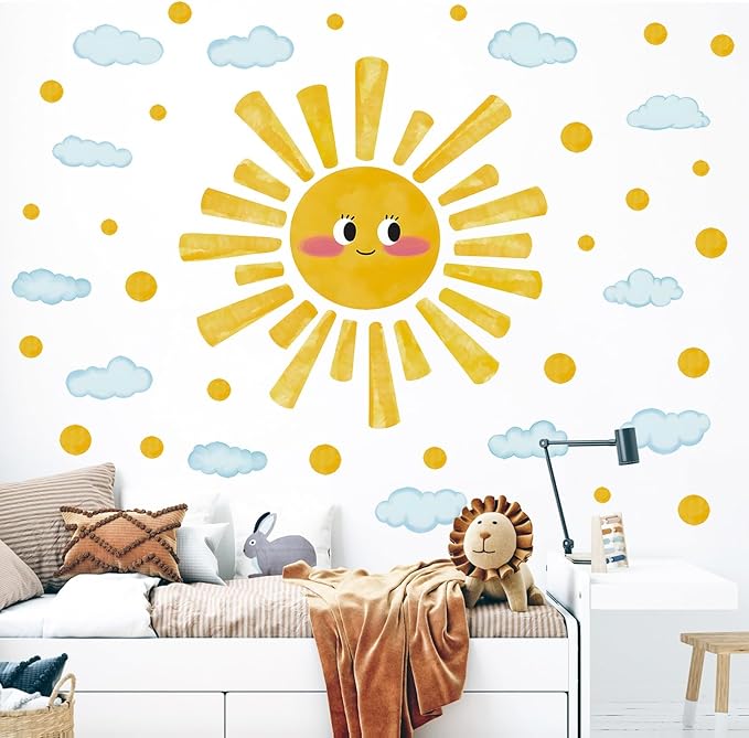 Large Sun Wall Decals Watercolor Cloudy Wall Stickers for Kids Room, Smile Sun Polka Dots Clouds Wall Decor Stickers Peel and Stick Art Murals Decorations for Nursery Classroom Bedroom