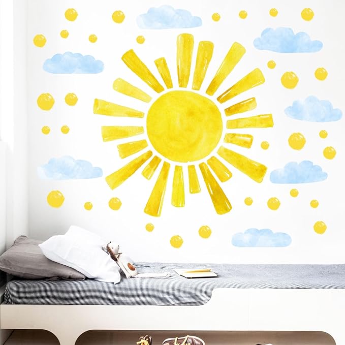 Large Sun Wall Decals Cloud Polka Dots Wall Stickers for Girls Room, 12 Sheets Watercolor Sun Wall Decor Stickers Cute Cloud Wallpaper Delicate Decorations for Kids Room Bedroom