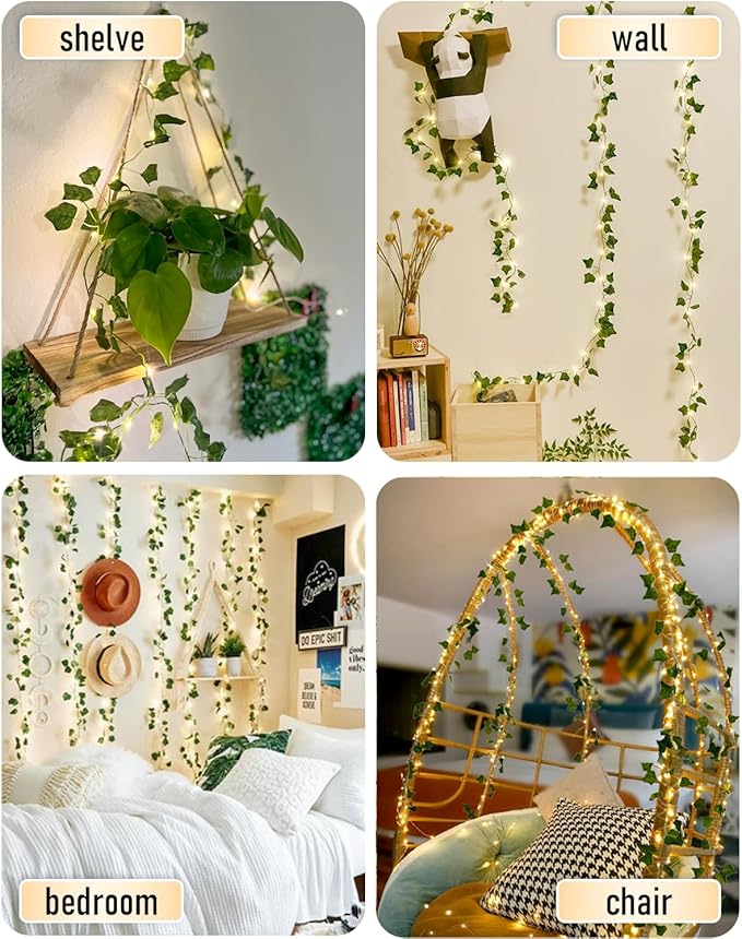 JMEXSUSS 100 LED Vines with Lights Plug in, Ivy Vines with Fairy Lights with Remote, 33 FT Leaf String Lights Waterproof for Room Bedroom Wall Fireplace Christmas Decoration(Warm White)