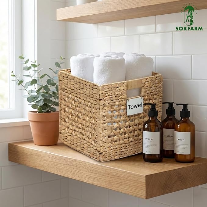 4 Pcs Storage Baskets For Shelves, 12 Inch Cube Organizer Bins, Water Hyacinth Wicker Basket For Blankets, Woven Basket, Foldable Hyacinth Storage Baskets For Organizing Bathroom, Bedroom, Laundry