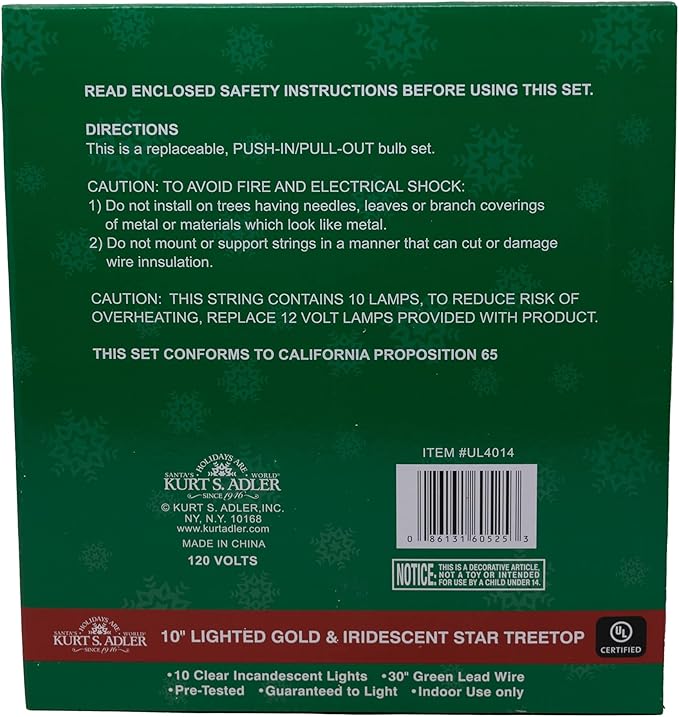 Kurt S. Adler UL4014 Lighted Treetopper, Gold, Iridescent